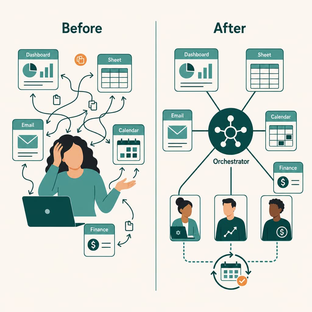 Business users coordinating agent workflows through an orchestration layer