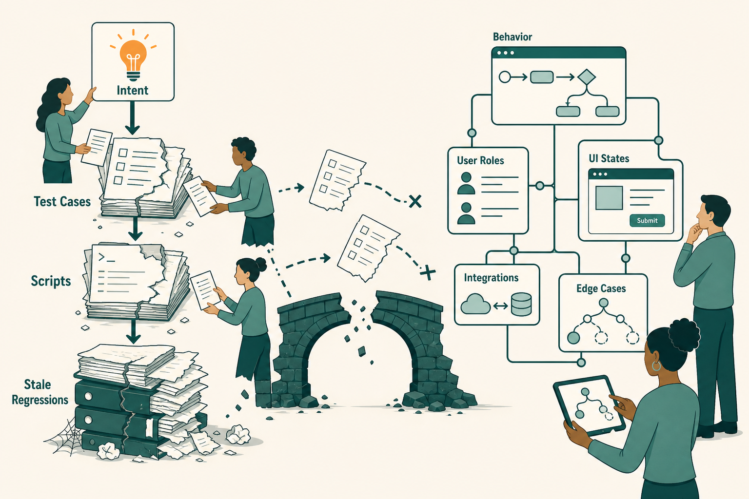 Section image for 'Manual Test Writing Is a Bad Abstraction': a before/after abstraction diagram. The left side shows product intent being repeatedly translated