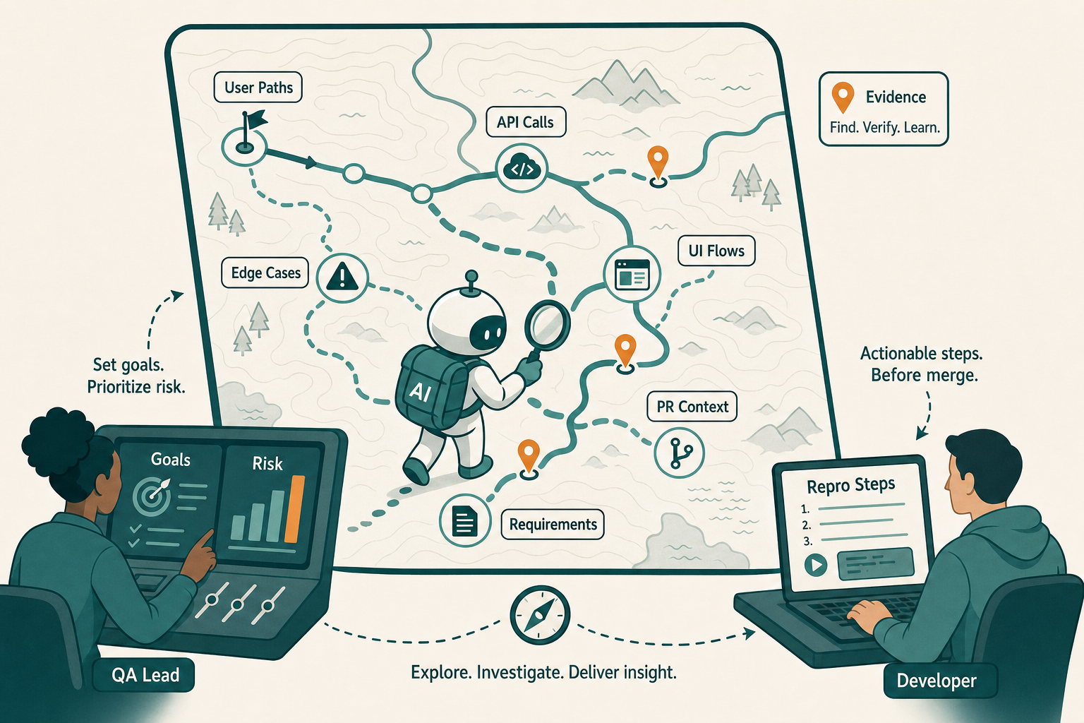 Section image for 'Agentic QA Changes the Work From Scripts to Investigation': a scout-style exploration map of a software product. An agent navigates branching