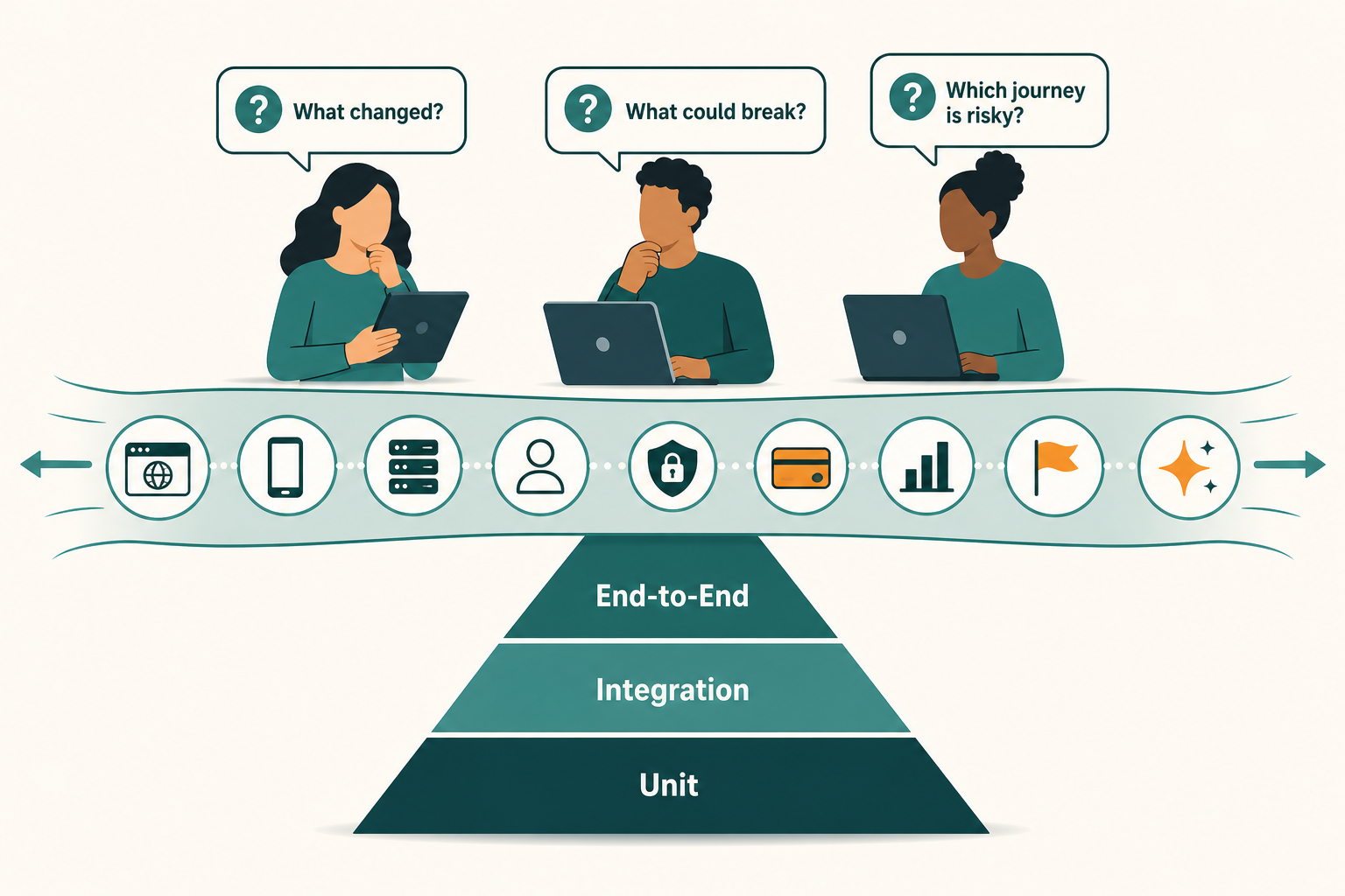 Section image for 'The Old QA Pyramid Was Built for a Simpler World': a reimagined testing model. Show the classic unit/integration/end-to-end test pyramid at t